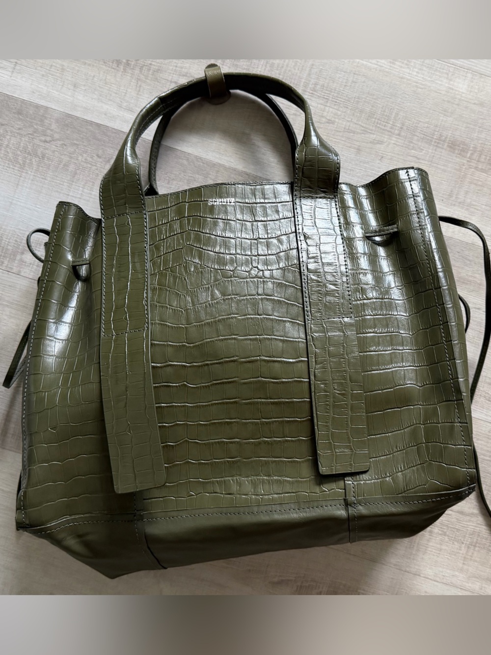 SCHUTZ Olive Green Croc-Embossed Leather Tote